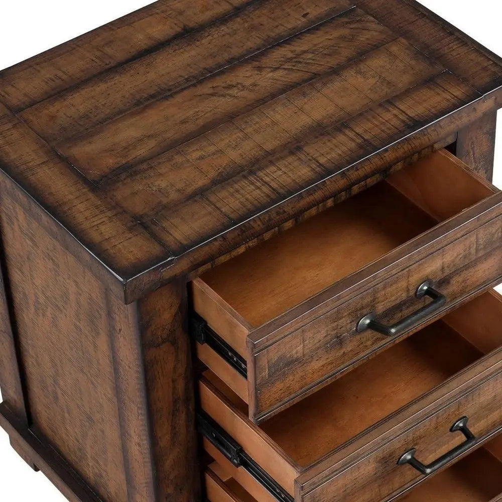 26" Walnut Wood Distressed Three Drawer Nightstand - NOBLE HOME INTERIORS