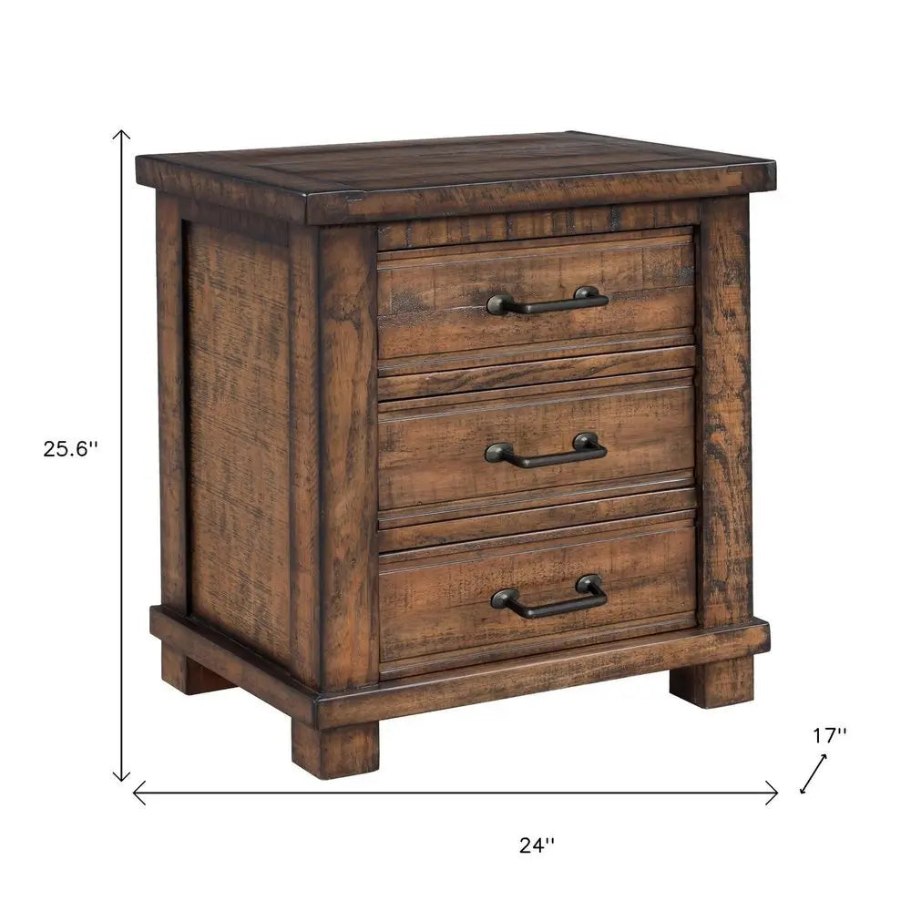 26" Walnut Wood Distressed Three Drawer Nightstand - NOBLE HOME INTERIORS