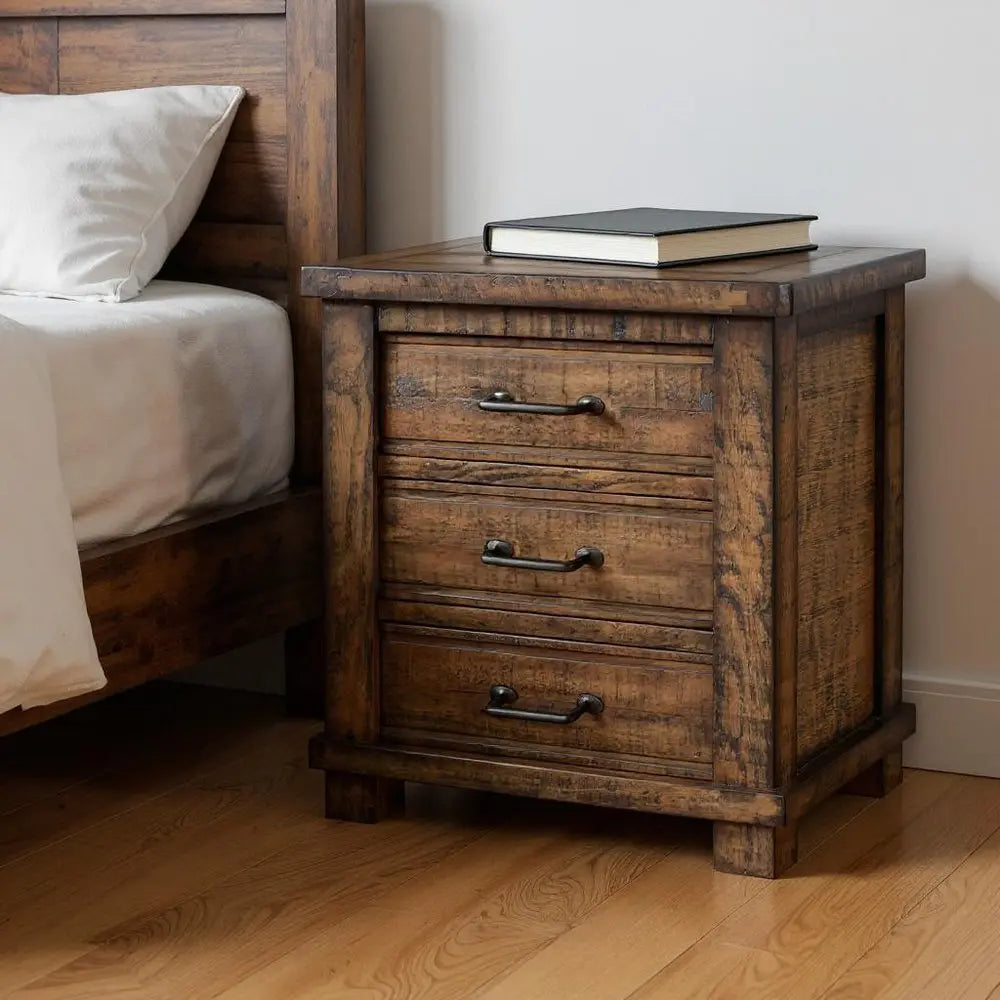 26" Walnut Wood Distressed Three Drawer Nightstand - NOBLE HOME INTERIORS