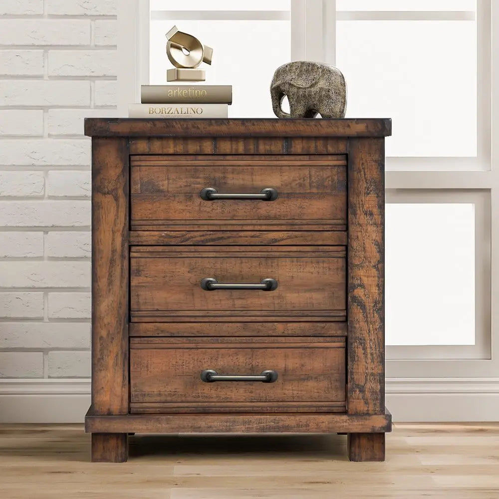26" Walnut Wood Distressed Three Drawer Nightstand - NOBLE HOME INTERIORS