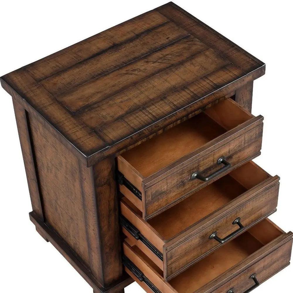 26" Walnut Wood Distressed Three Drawer Nightstand - NOBLE HOME INTERIORS