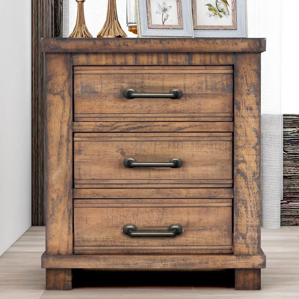 26" Walnut Wood Distressed Three Drawer Nightstand - NOBLE HOME INTERIORS