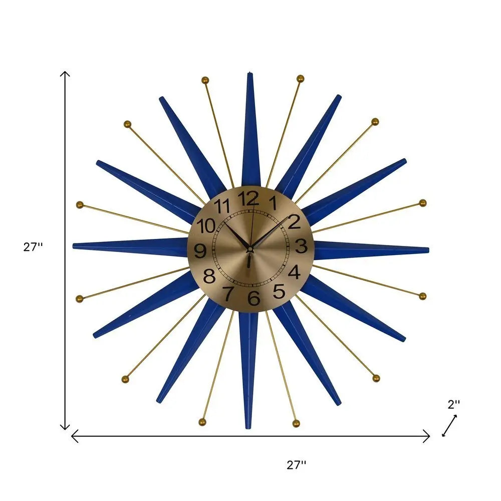 27" Blue And Gold Metal Silent Analog Starburst Wall Clock - NOBLE HOME INTERIORS