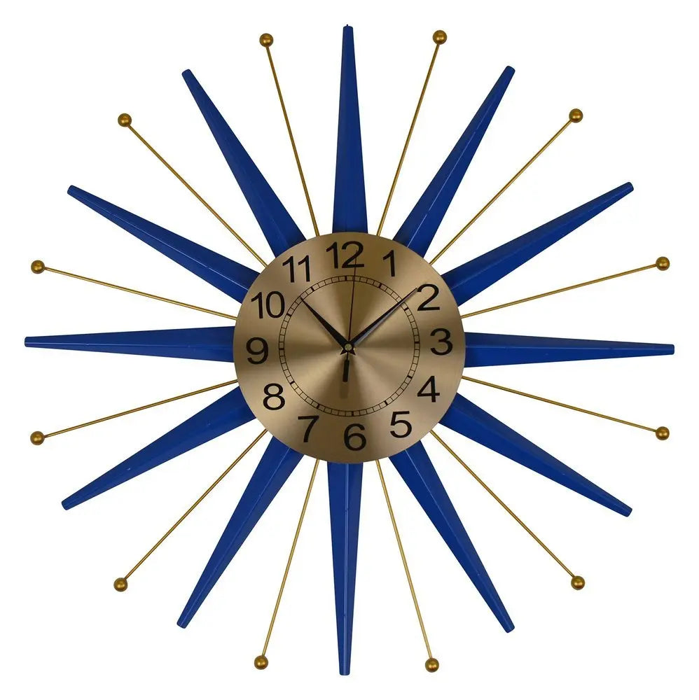 27" Blue And Gold Metal Silent Analog Starburst Wall Clock - NOBLE HOME INTERIORS