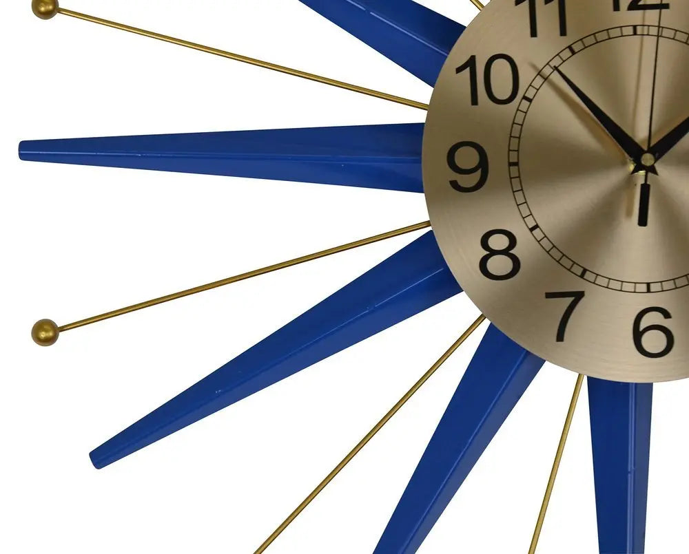 27" Blue And Gold Metal Silent Analog Starburst Wall Clock - NOBLE HOME INTERIORS