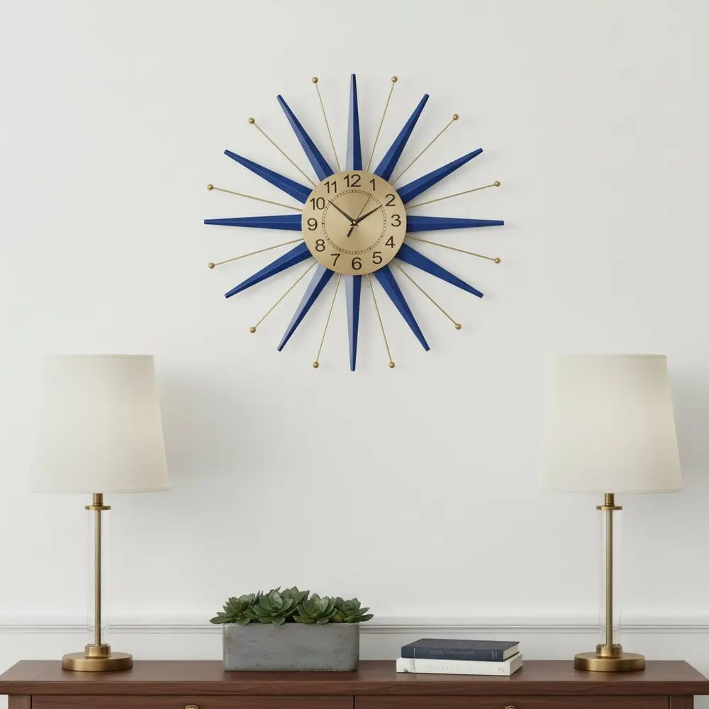 27" Blue And Gold Metal Silent Analog Starburst Wall Clock - NOBLE HOME INTERIORS