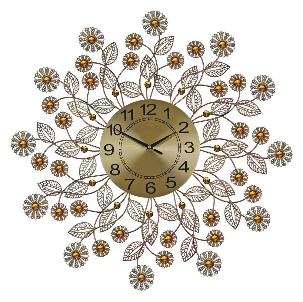 27" Gold And Black Metal And Faux Crystal Silent Analog FloralWall Clock - NOBLE HOME INTERIORS