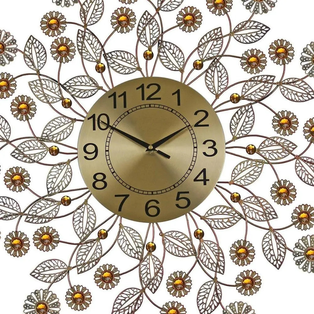 27" Gold And Black Metal And Faux Crystal Silent Analog FloralWall Clock - NOBLE HOME INTERIORS