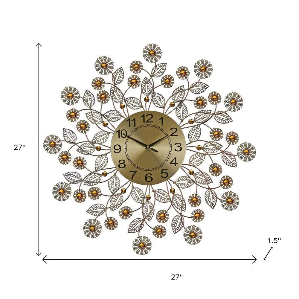 27" Gold And Black Metal And Faux Crystal Silent Analog FloralWall Clock - NOBLE HOME INTERIORS