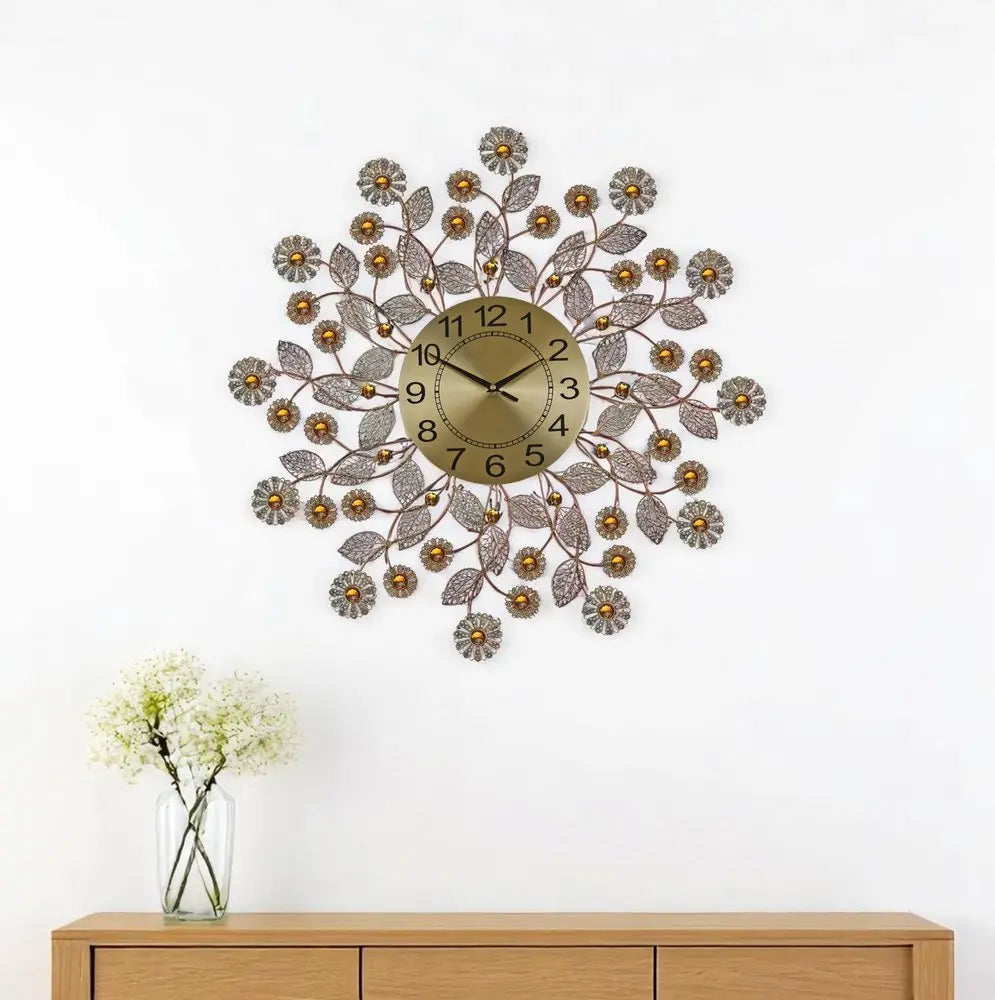 27" Gold And Black Metal And Faux Crystal Silent Analog FloralWall Clock - NOBLE HOME INTERIORS