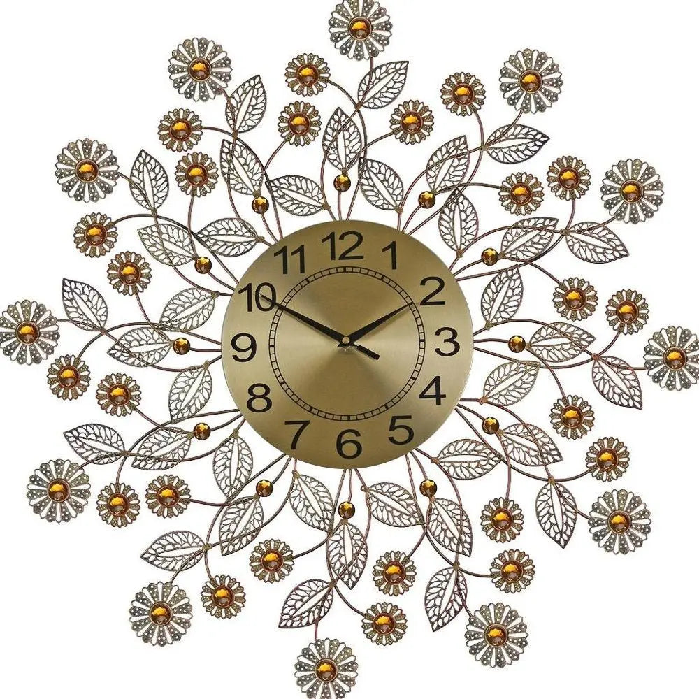 27" Gold And Black Metal And Faux Crystal Silent Analog FloralWall Clock - NOBLE HOME INTERIORS