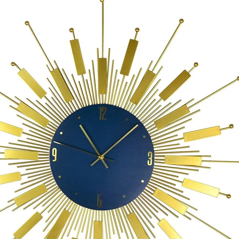 27" Gold And Blue Metal Silent Analog Sunburst Wall Clock HomeRoots