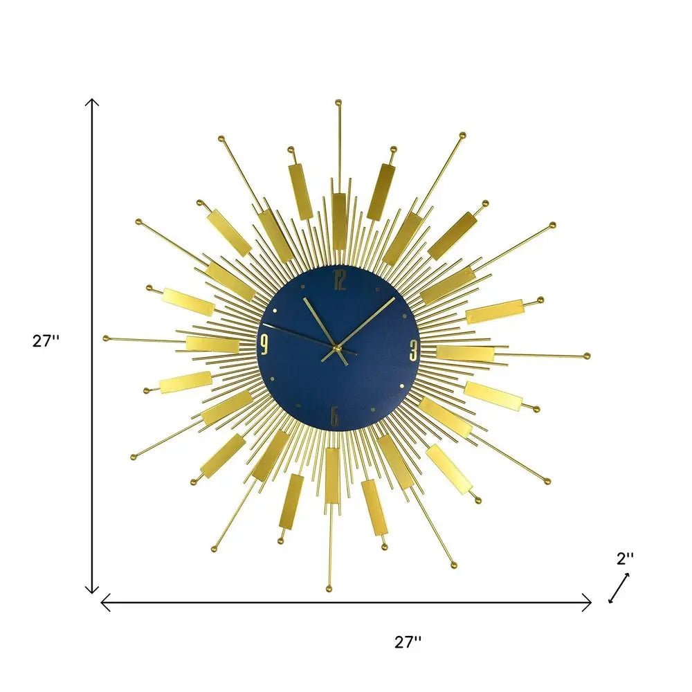 27" Gold And Blue Metal Silent Analog Sunburst Wall Clock HomeRoots