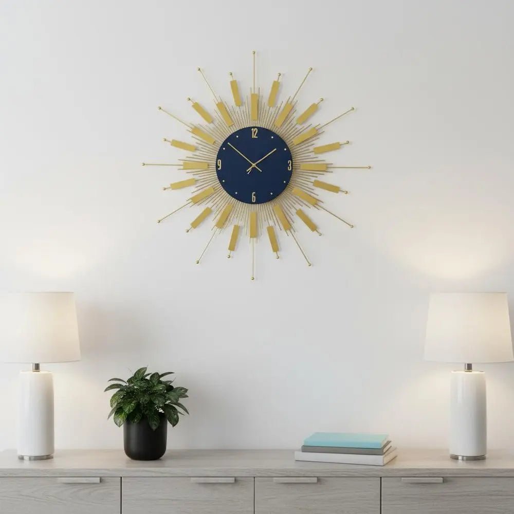27" Gold And Blue Metal Silent Analog Sunburst Wall Clock HomeRoots