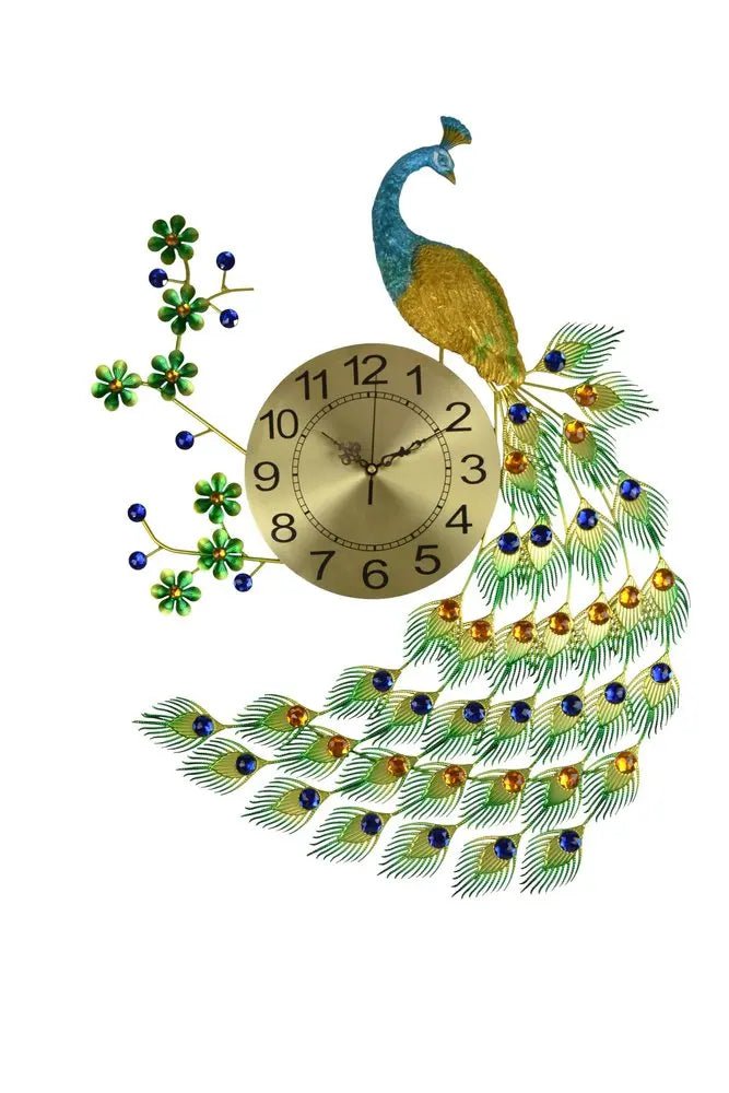 27" Gold Blue And Green Metal Silent Analog Peacock Novelty Wall Clock HomeRoots