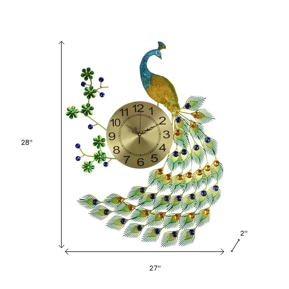 27" Gold Blue And Green Metal Silent Analog Peacock Novelty Wall Clock HomeRoots