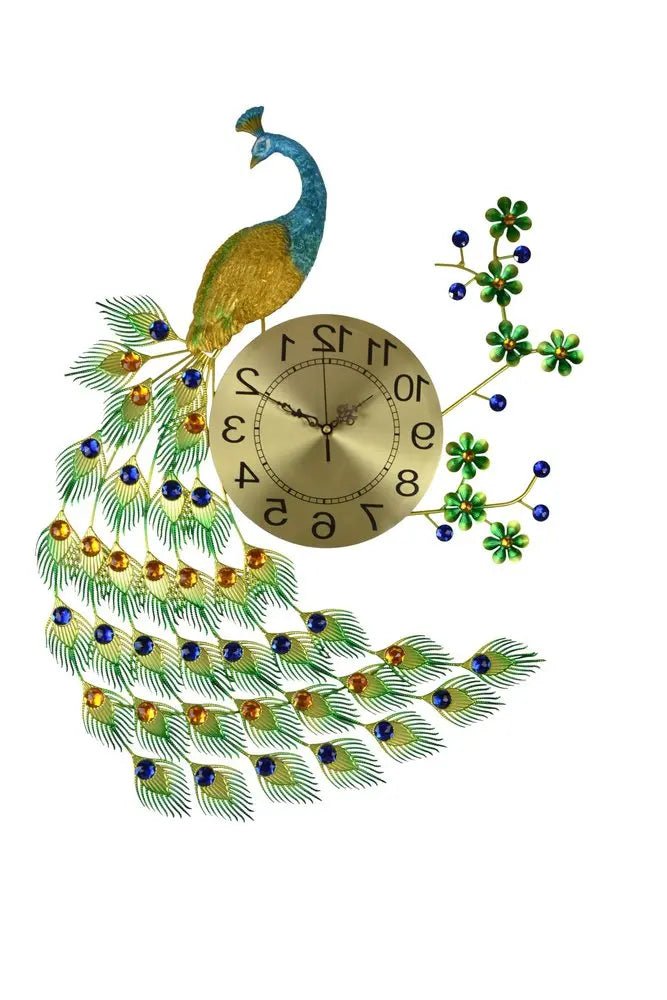 27" Gold Blue And Green Metal Silent Analog Peacock Novelty Wall Clock HomeRoots