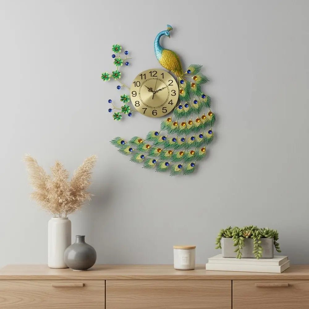 27" Gold Blue And Green Metal Silent Analog Peacock Novelty Wall Clock HomeRoots
