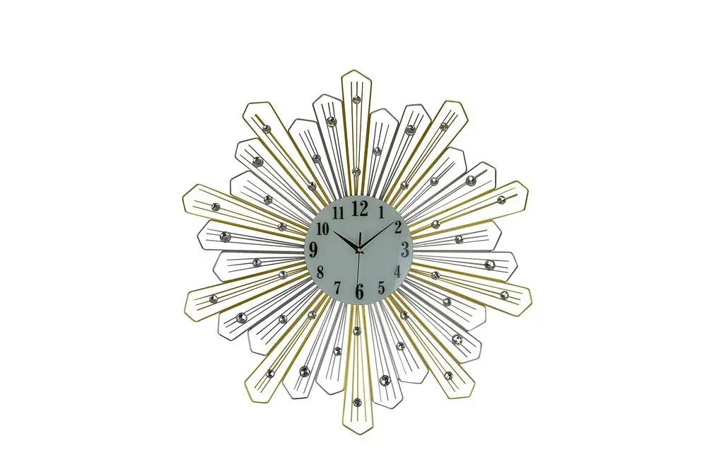 27" Gold Silver And Metal And Faux Crystals Silent Analog Sunburst Wall Clock - NOBLE HOME INTERIORS