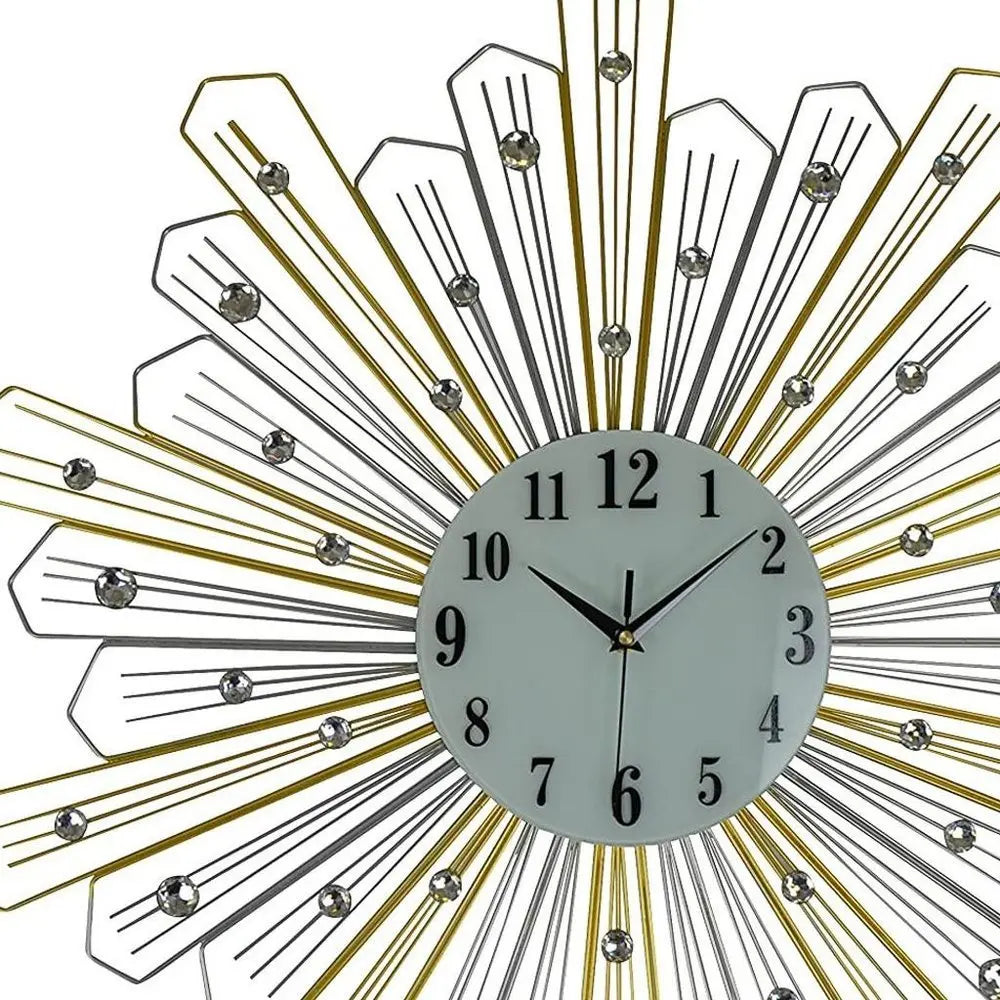 27" Gold Silver And Metal And Faux Crystals Silent Analog Sunburst Wall Clock - NOBLE HOME INTERIORS