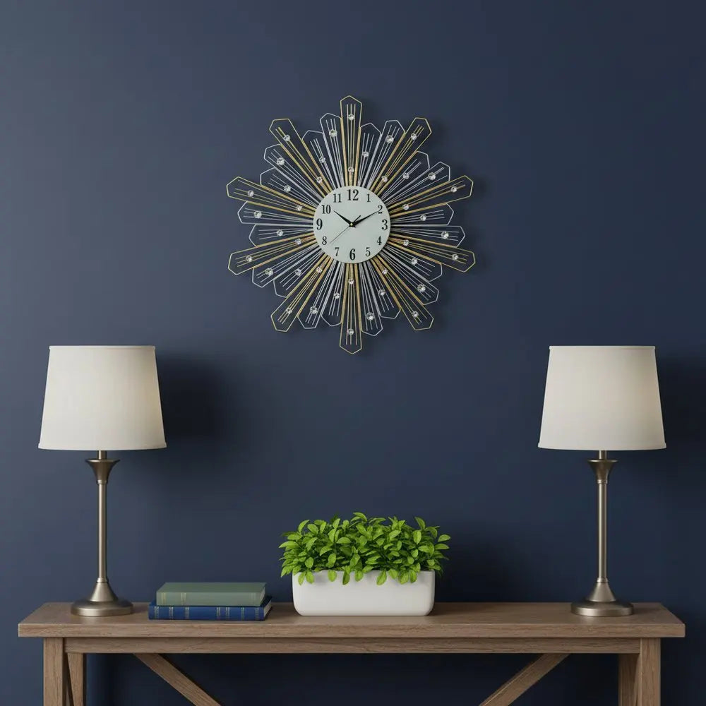 27" Gold Silver And Metal And Faux Crystals Silent Analog Sunburst Wall Clock - NOBLE HOME INTERIORS