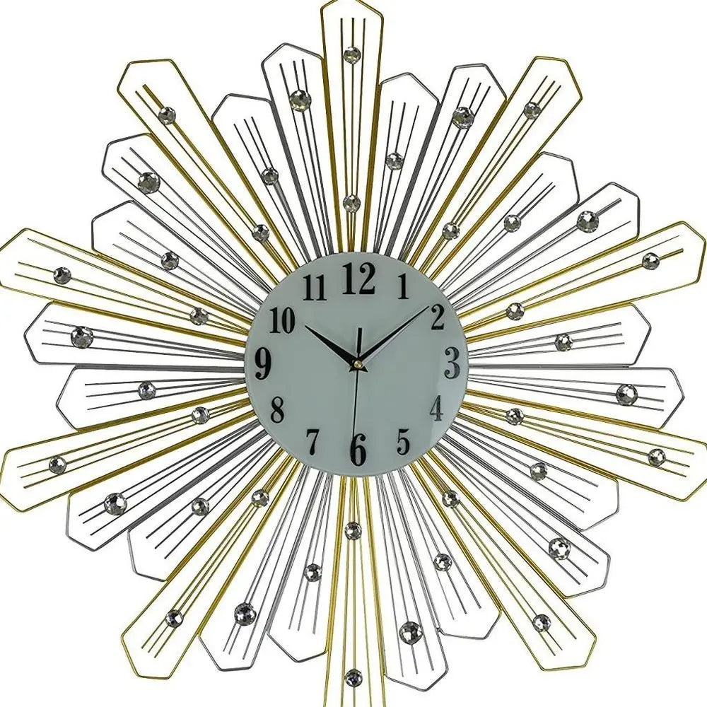 27" Gold Silver And Metal And Faux Crystals Silent Analog Sunburst Wall Clock - NOBLE HOME INTERIORS