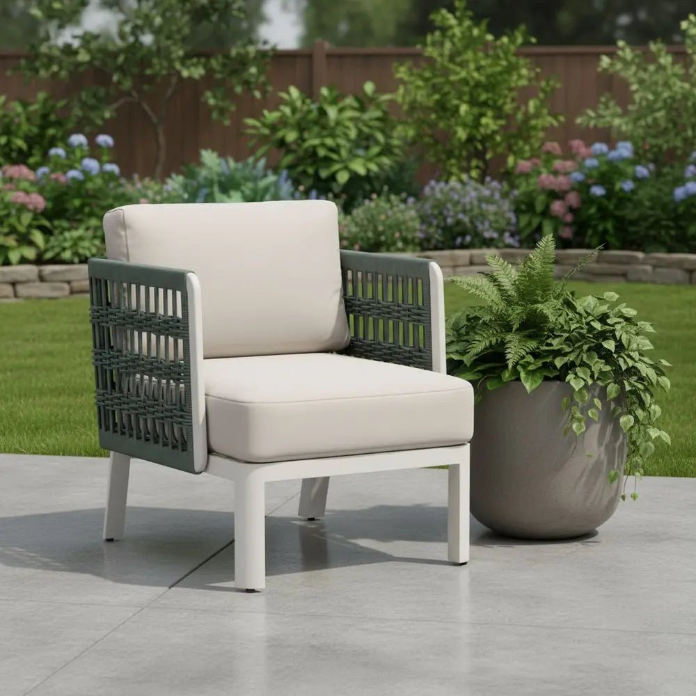 27" Green And White Aluminum Outdoor Accent Chair with White Cushion HomeRoots