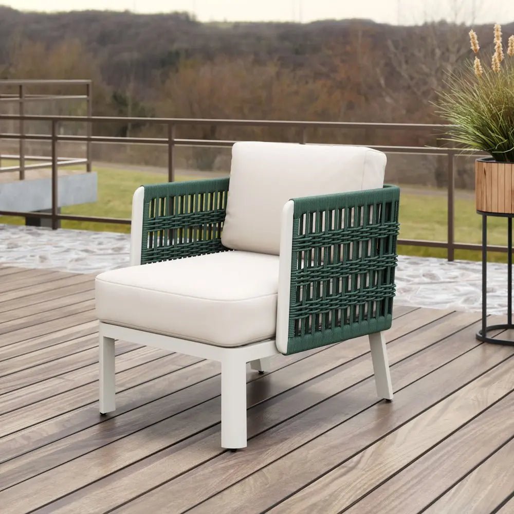27" Green And White Aluminum Outdoor Accent Chair with White Cushion HomeRoots