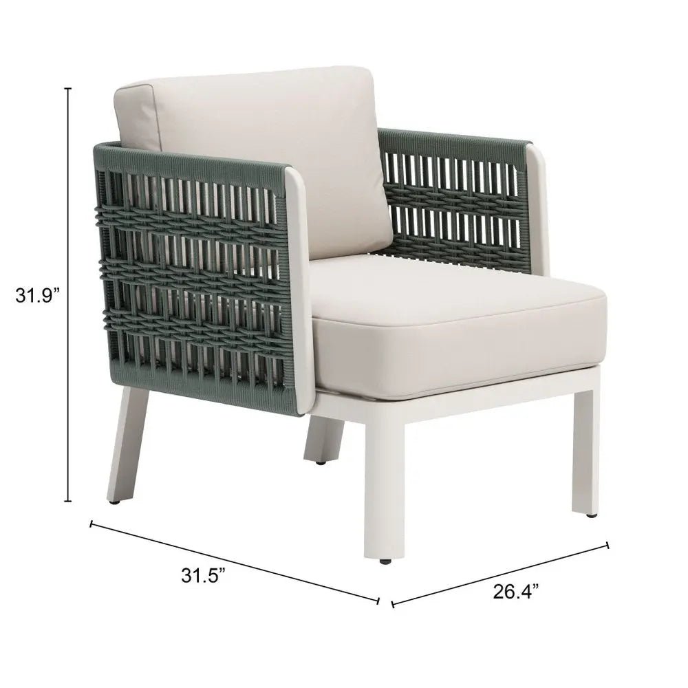27" Green And White Aluminum Outdoor Accent Chair with White Cushion HomeRoots
