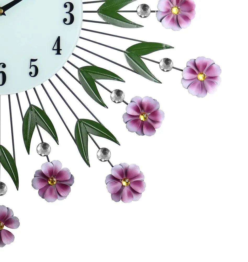 27" Purple Green And White Metal and Glass Silent Analog Floral Round Wall Clock - NOBLE HOME INTERIORS