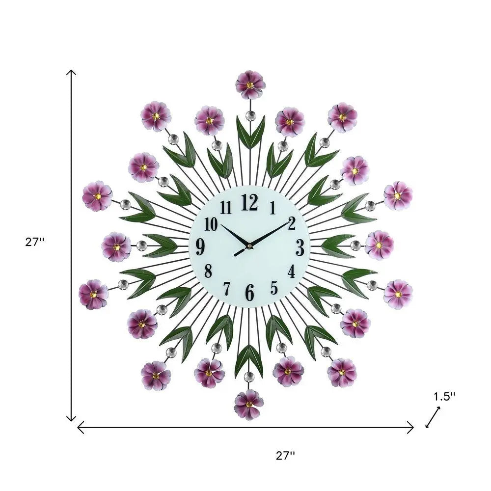 27" Purple Green And White Metal and Glass Silent Analog Floral Round Wall Clock - NOBLE HOME INTERIORS