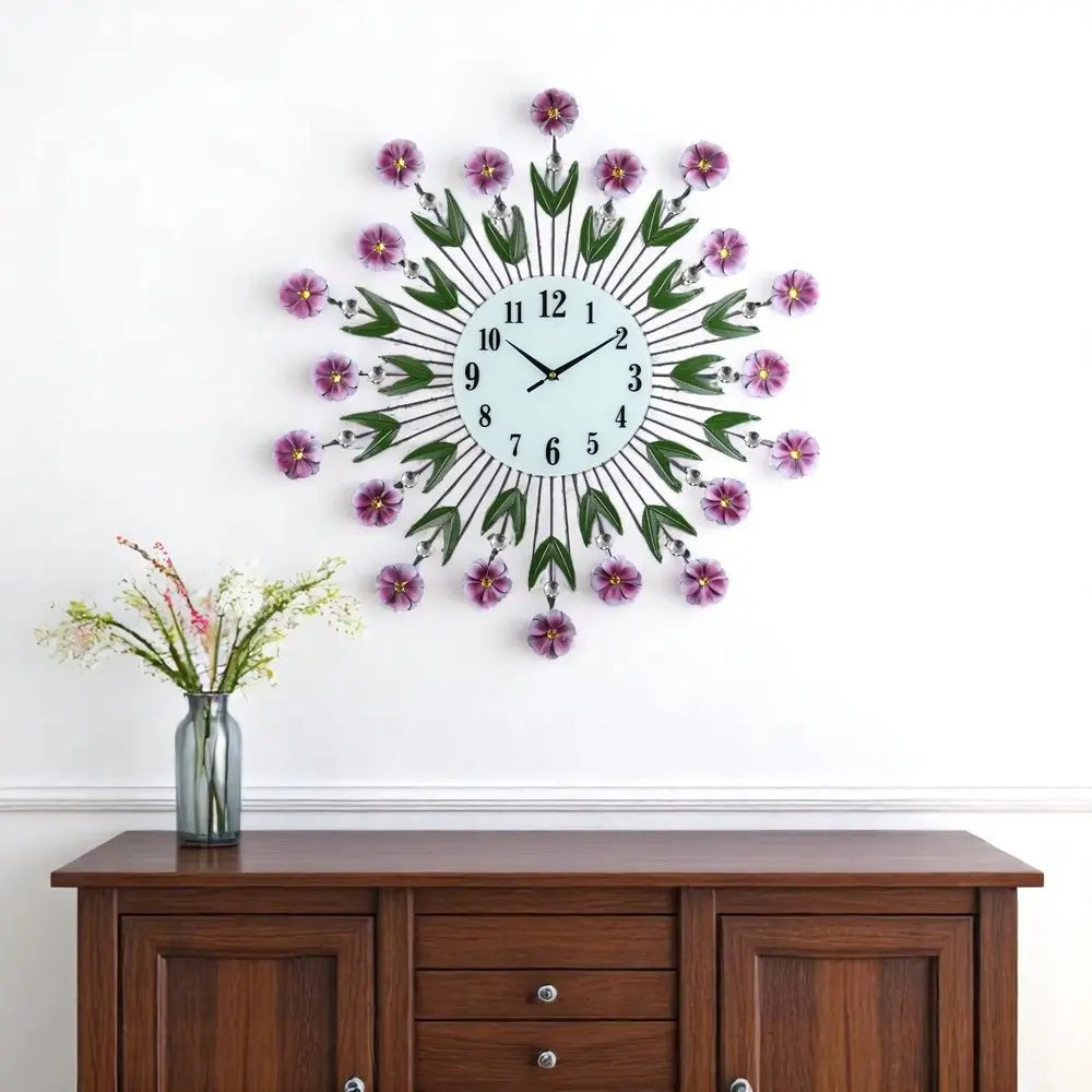 27" Purple Green And White Metal and Glass Silent Analog Floral Round Wall Clock - NOBLE HOME INTERIORS