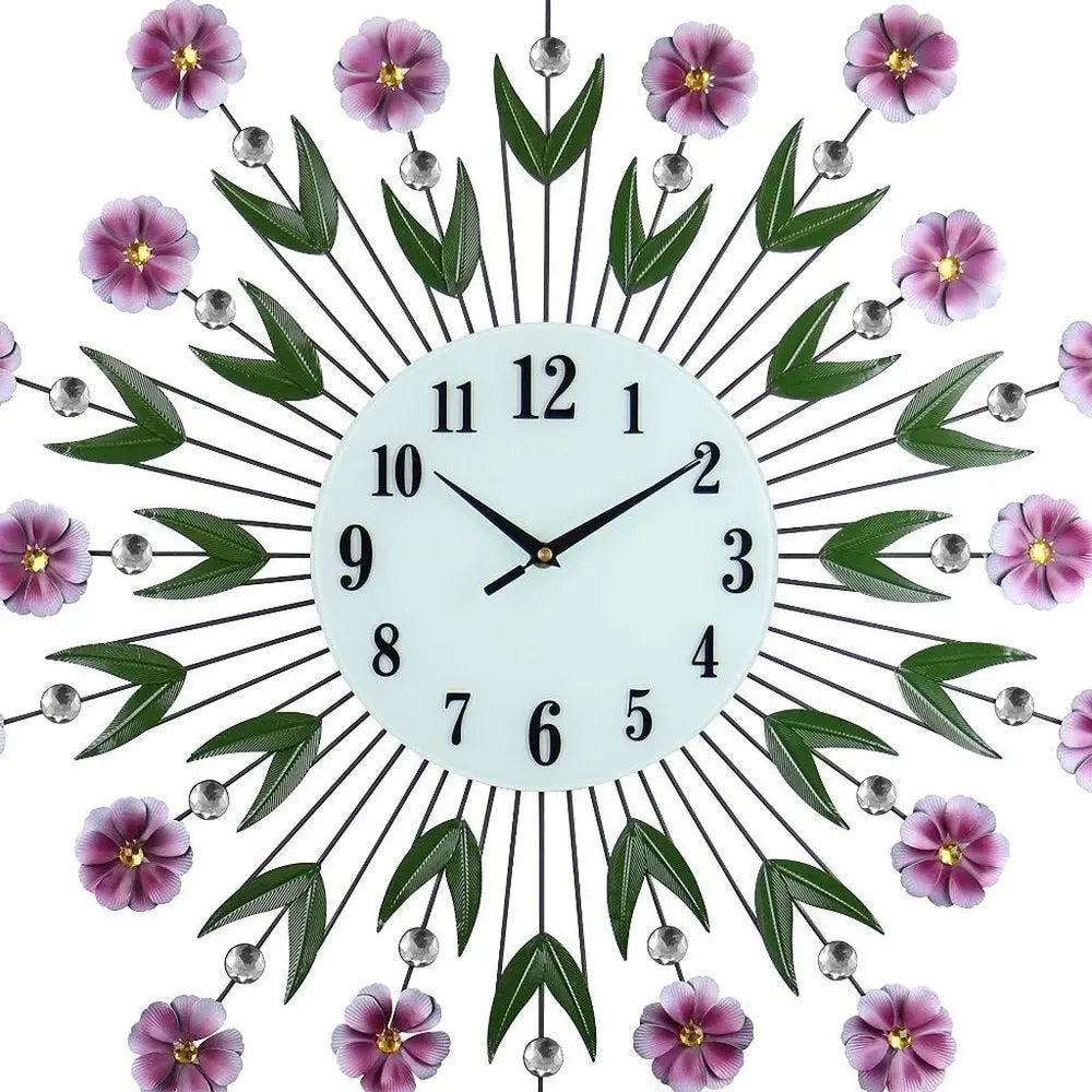 27" Purple Green And White Metal and Glass Silent Analog Floral Round Wall Clock - NOBLE HOME INTERIORS