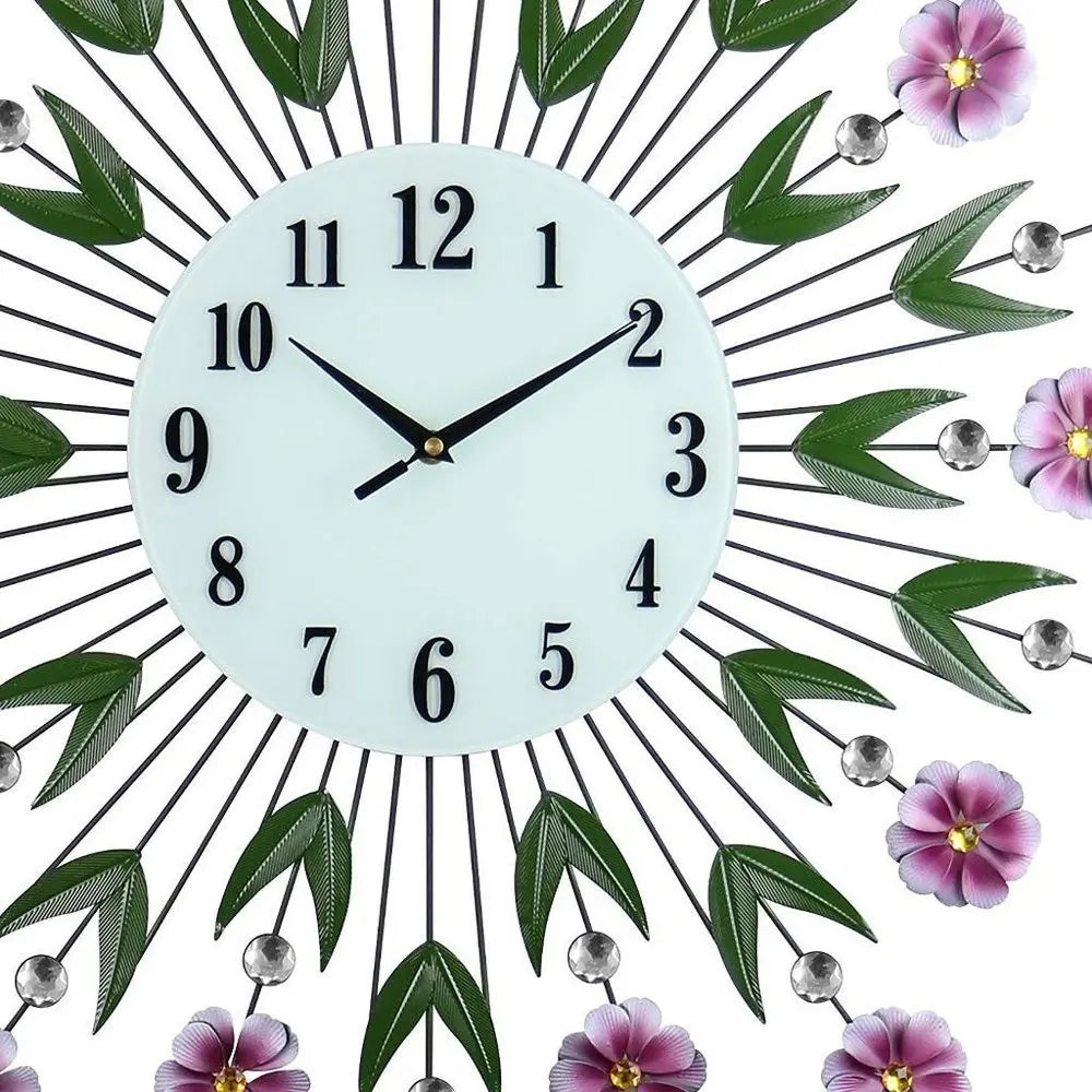27" Purple Green And White Metal and Glass Silent Analog Floral Round Wall Clock - NOBLE HOME INTERIORS