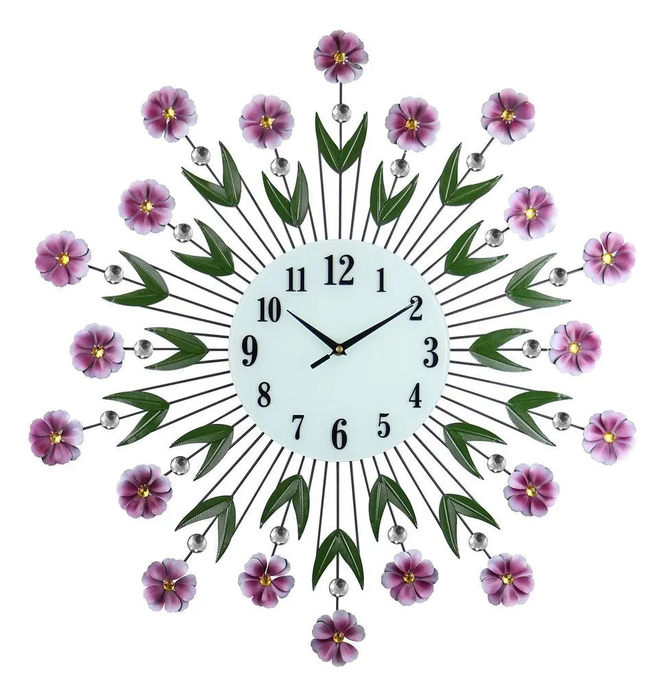 27" Purple Green And White Metal and Glass Silent Analog Floral Round Wall Clock - NOBLE HOME INTERIORS