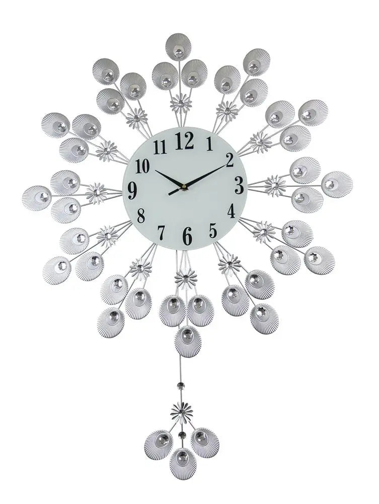 27" Silver And White Metal Silent Pendulum Starburst Wall Clock HomeRoots