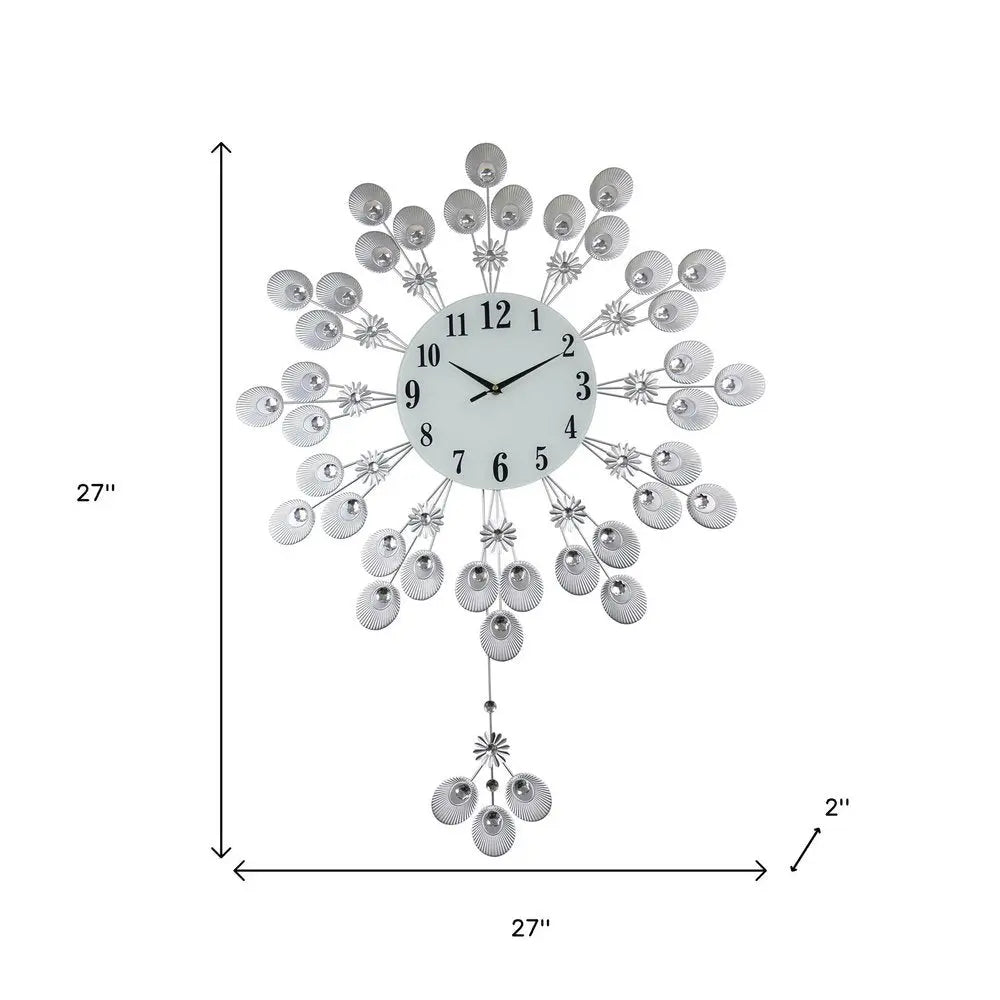 27" Silver And White Metal Silent Pendulum Starburst Wall Clock HomeRoots