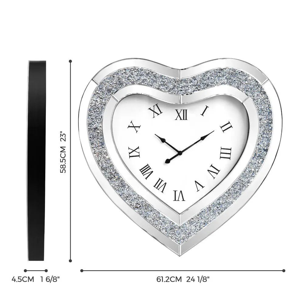 27" Silver Faux Crystal And Mirrored Glass Silent Analog Heart Wall Clock - NOVA HOME FURNITURE