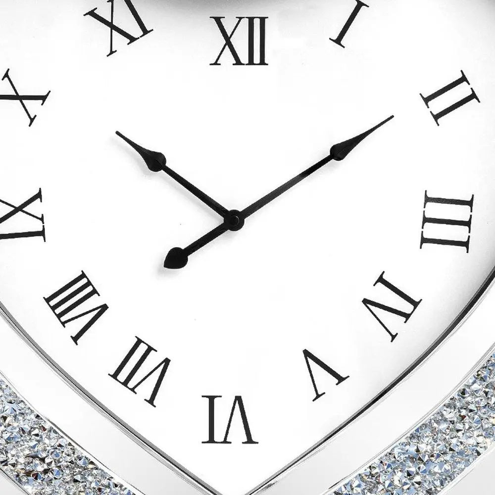 27" Silver Faux Crystal And Mirrored Glass Silent Analog Heart Wall Clock - NOVA HOME FURNITURE