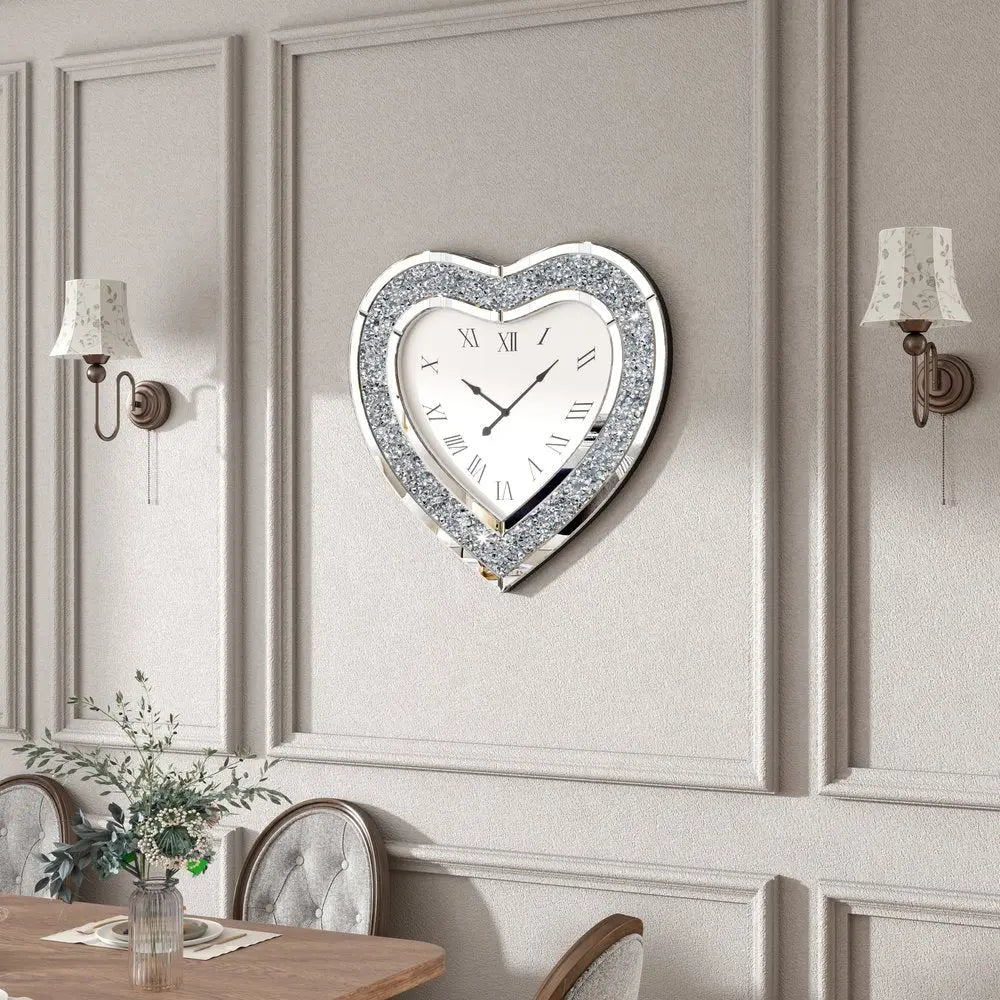 27" Silver Faux Crystal And Mirrored Glass Silent Analog Heart Wall Clock - NOVA HOME FURNITURE
