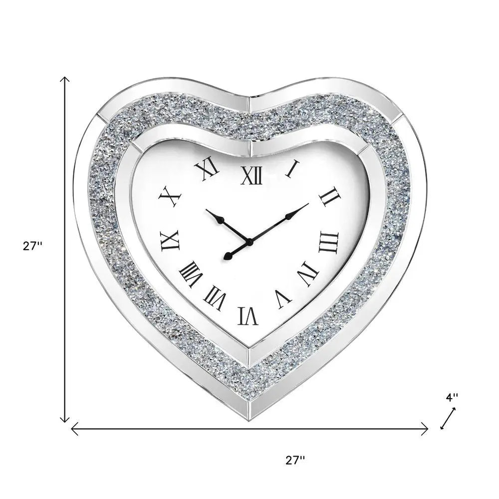 27" Silver Faux Crystal And Mirrored Glass Silent Analog Heart Wall Clock - NOVA HOME FURNITURE