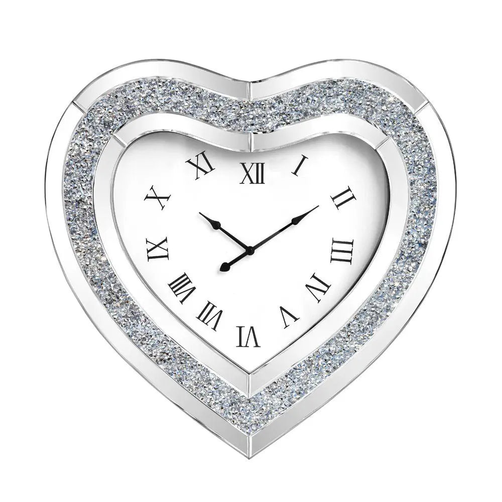 27" Silver Faux Crystal And Mirrored Glass Silent Analog Heart Wall Clock - NOVA HOME FURNITURE