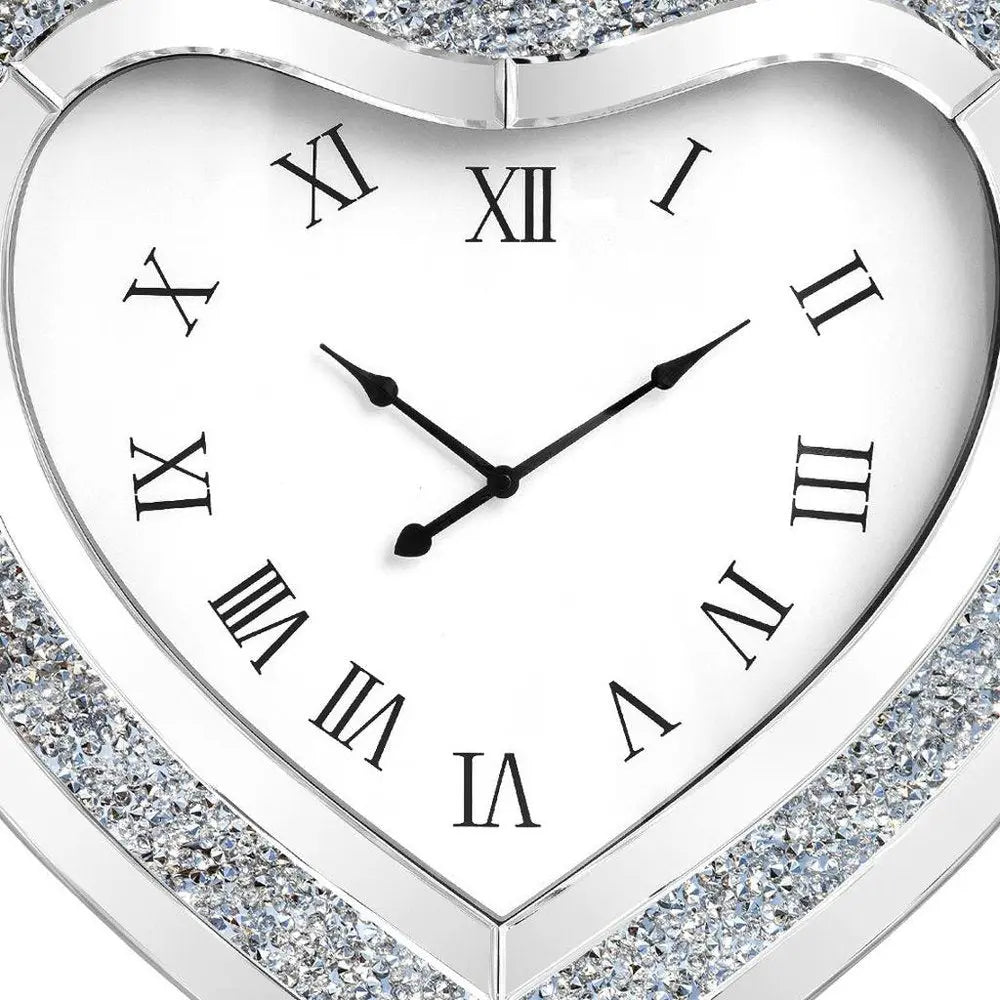 27" Silver Faux Crystal And Mirrored Glass Silent Analog Heart Wall Clock - NOVA HOME FURNITURE