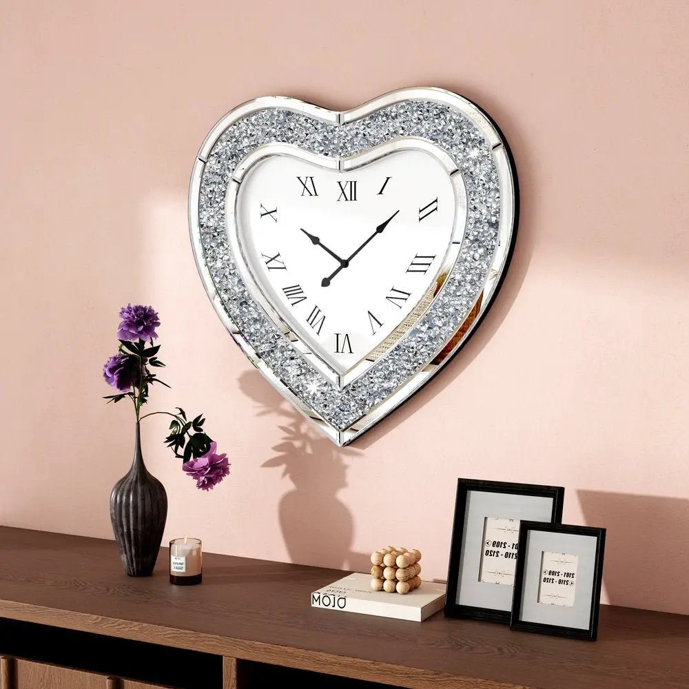 27" Silver Faux Crystal And Mirrored Glass Silent Analog Heart Wall Clock - NOVA HOME FURNITURE