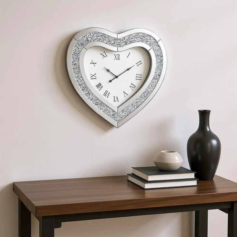 27" Silver Faux Crystal And Mirrored Glass Silent Analog Heart Wall Clock - NOVA HOME FURNITURE