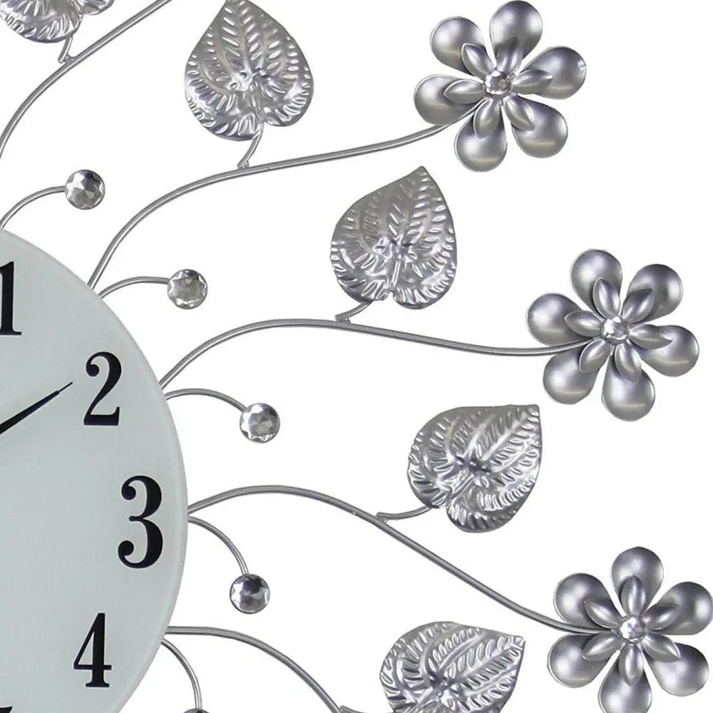 27" Silver White And Black Metal and Glass Silent Analog Floral Round Wall Clock - NOBLE HOME INTERIORS