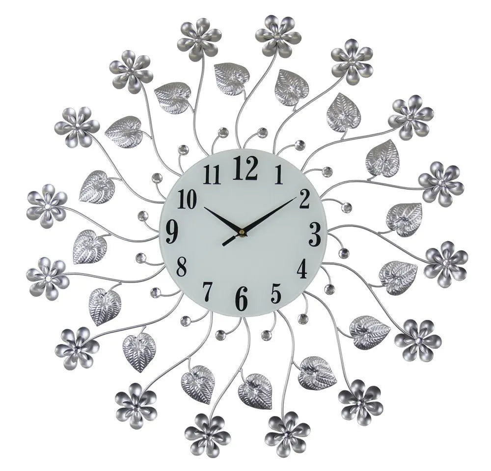 27" Silver White And Black Metal and Glass Silent Analog Floral Round Wall Clock - NOBLE HOME INTERIORS