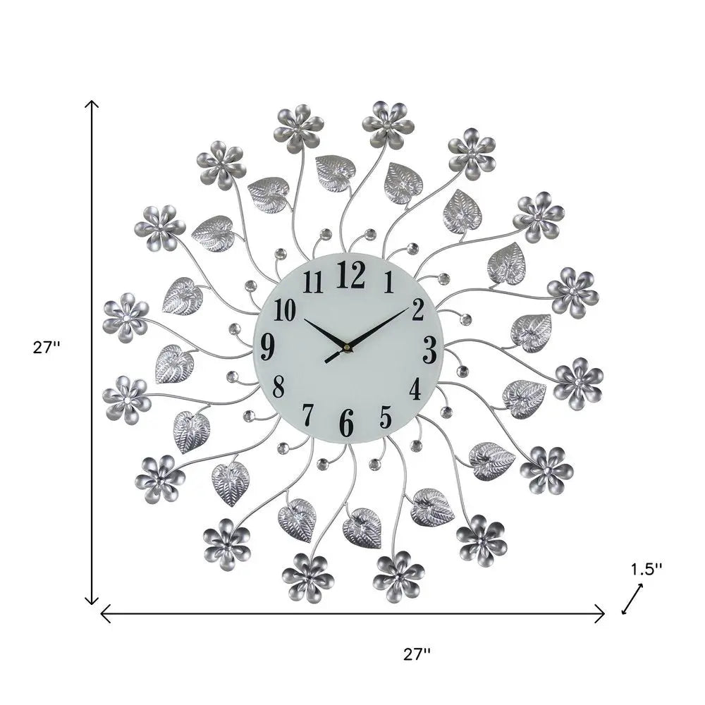 27" Silver White And Black Metal and Glass Silent Analog Floral Round Wall Clock - NOBLE HOME INTERIORS