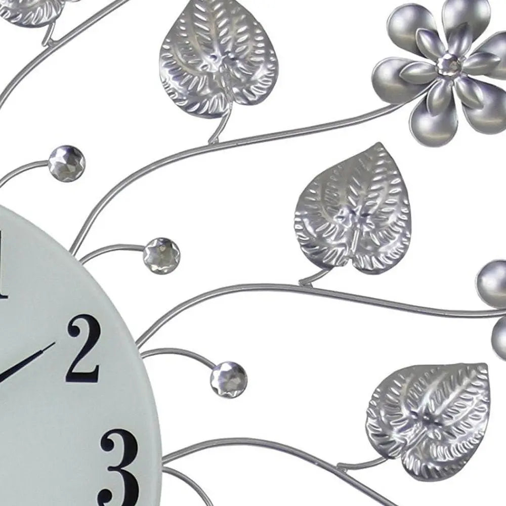 27" Silver White And Black Metal and Glass Silent Analog Floral Round Wall Clock - NOBLE HOME INTERIORS