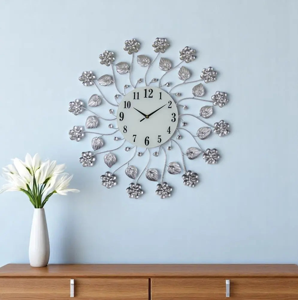 27" Silver White And Black Metal and Glass Silent Analog Floral Round Wall Clock - NOBLE HOME INTERIORS